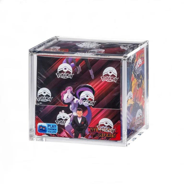 Transparent acrylic pokemon booster box protector, magnet lid, holds pokemon trading card booster box