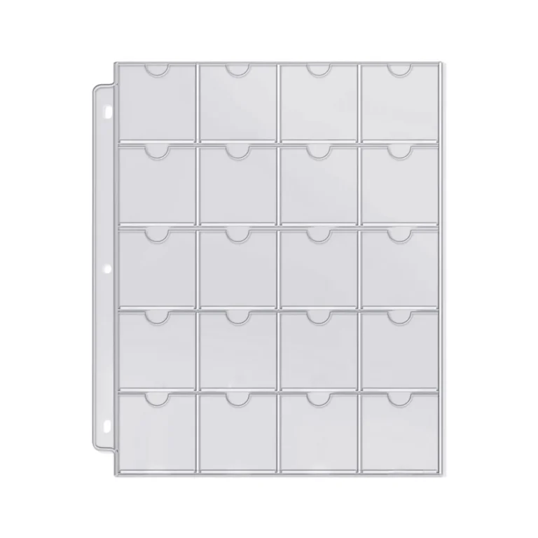 Wholesale 20‑pocket snap‑in coin flip binder pages, hard PP snap pockets hold standard 2x2 coin flips, 3‑hole for 3‑ring binders, numismatic storage sheets