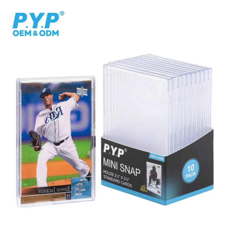 Ultra clear 100% UV blocking mini snap lock card holders, stackable compact hard plastic snap-fit trading card cases for standard Pokemon, baseball and sports TCG cards, dustproof archival scratch-resistant storage protectors, factory OEM custom printed retail packaging bulk wholesale for hobby card stores and collectible trading distributors