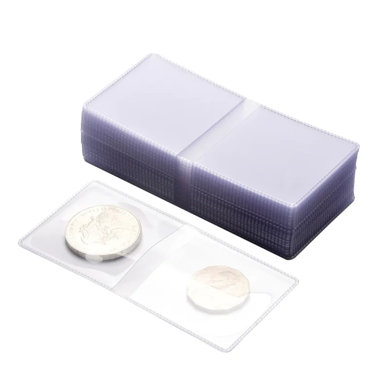 Wholesale double‑pocket clear PVC coin holder sleeves, dual compartment protective pouches store two collectible coins for numismatic collection