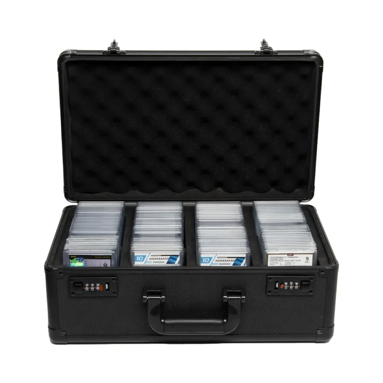 Black aluminum graded slab storage case with 4 divided compartments, dual combination security locks, wave shock-absorbing foam interior, portable hard travel box fits PSA and BGS grading slabs, factory OEM ODM laser logo bulk wholesale for trading card distributors