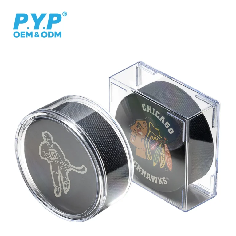 Clear square plastic hockey puck display case, UV resistant stackable holder for team logo and replica collectible hockey pucks