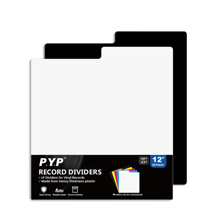 Black and white plastic 12‑inch LP record dividers with retail package, white background