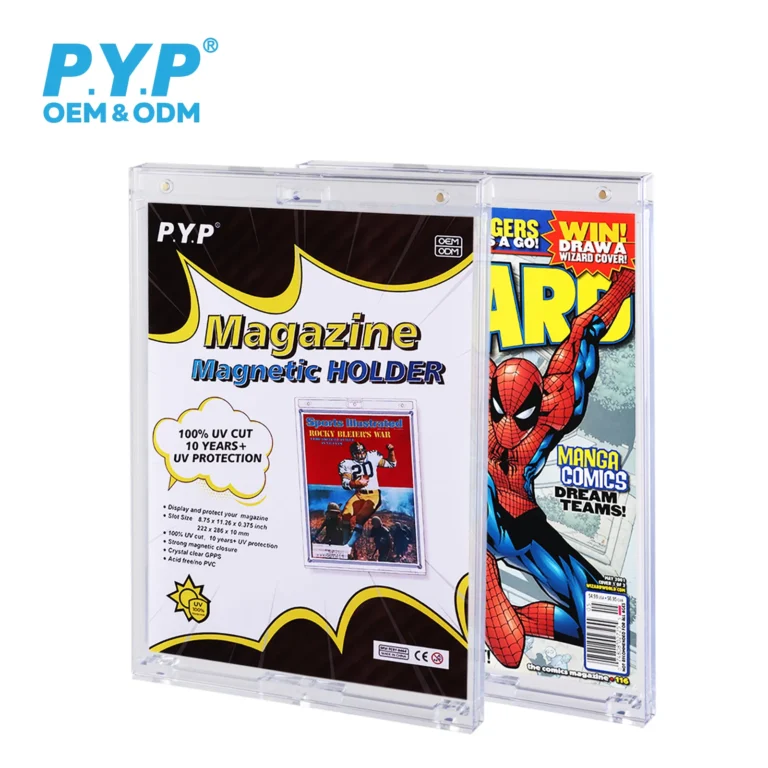 Retail packaged magazine magnetic holder, one unit loaded with magazine, one showing outer packaging