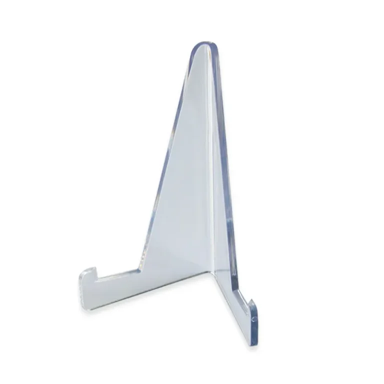Small transparent lucite stand for card holders, mini polished clear acrylic display rack compatible with one touch magnetic and screwdown trading card slabs for collection showcase