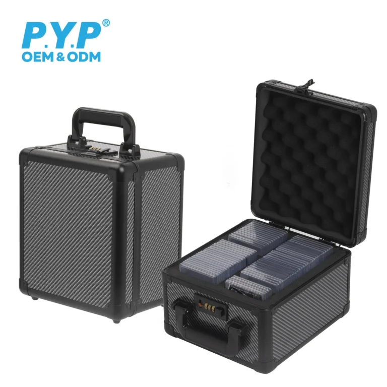 Carbon fiber textured lockable aluminum graded slab storage case, 4 divided compartments, 3-digit password lock, wave shock-absorbing foam lining portable travel box fits PSA and BGS grading slabs, factory OEM ODM laser logo bulk wholesale for trading card distributors