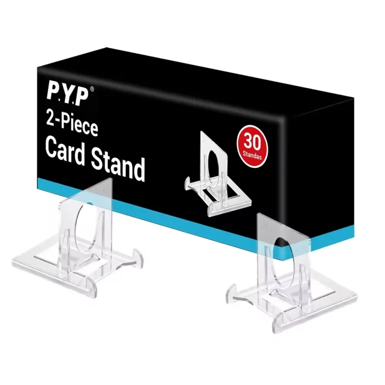 Small 2-piece detachable clear acrylic card holder stand, mini two-part lucite display rack compatible with magnetic one touch and screwdown trading card slabs for hobby collection showcase