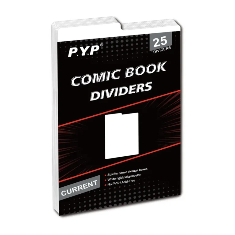 Sealed retail pack of 25 current‑size white comic book dividers, printed product packaging
