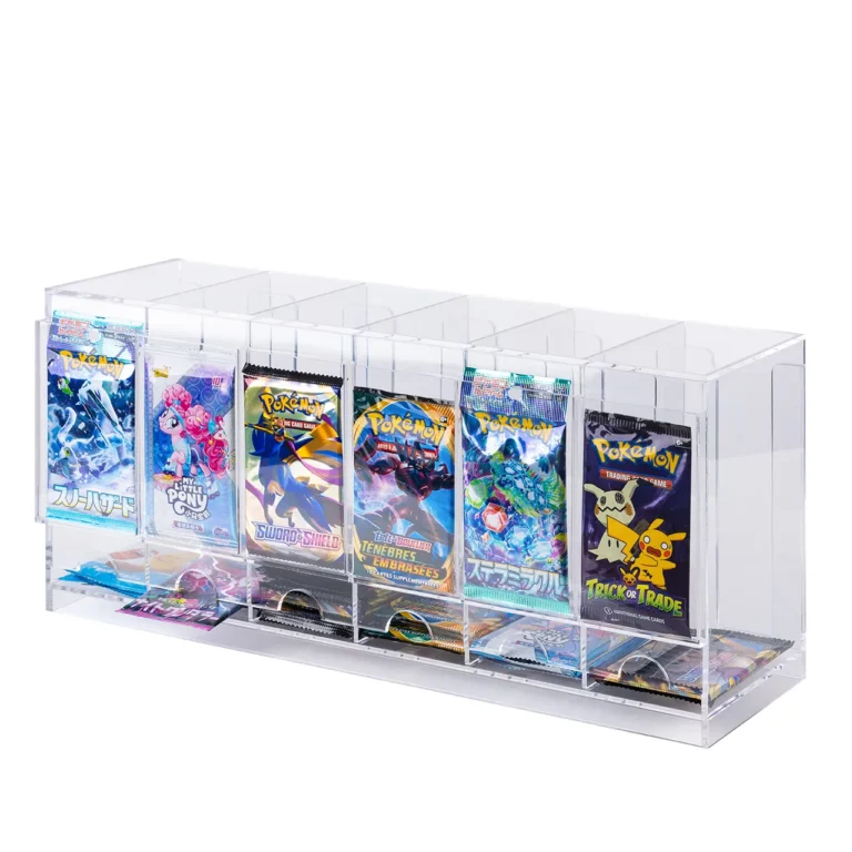 Blank unloaded 6‑slot acrylic booster pack dispenser, transparent acrylic show internal dividers and dual‑tier storage structure bulk wholesale