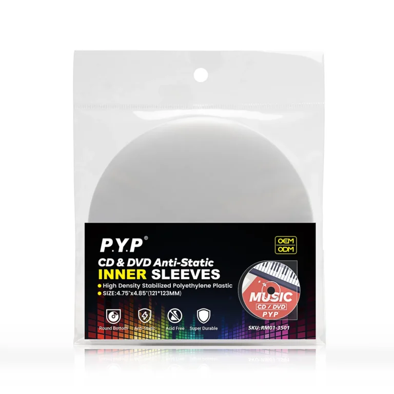 Pack of anti‑static CD DVD inner plastic sleeves, clear poly bag packaging on white background