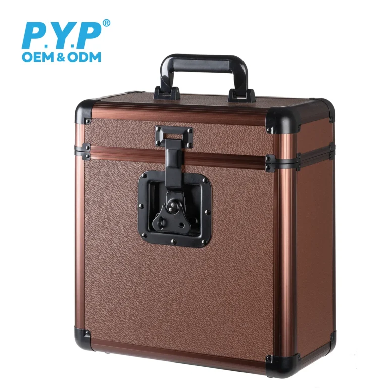 Brown aluminum frame vinyl record storage case with handle and latch lock, white background