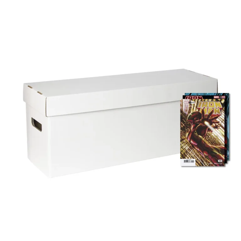 White corrugated comic organizer box, storage solution for hobby shop comic inventory management