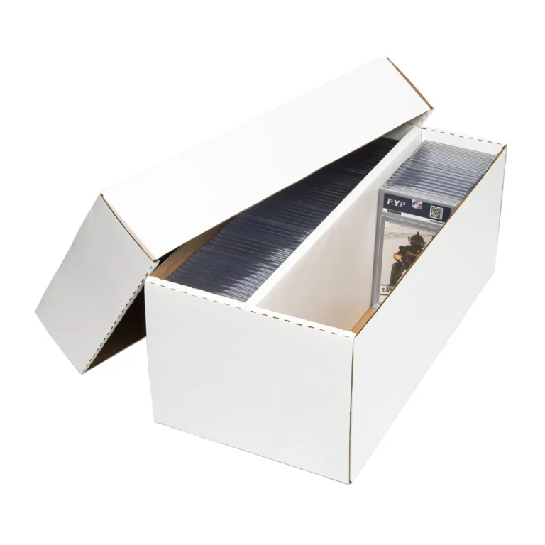 Foldable white two compartment corrugated graded card storage box with built-in divider, sturdy kraft corrugated cardboard, dual separated storage bins specially designed for PSA, BGS, SGC graded card slabs. Stackable structure for graded card collection management, flat packaging reduces shipping cost, support custom sizes and full-color printing, factory OEM bulk wholesale for sports card shops and graded card distributors