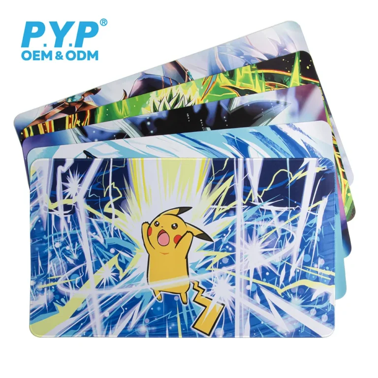 Application scene of custom printed rubber playmat, matched with game cards, dice and playmat storage tube