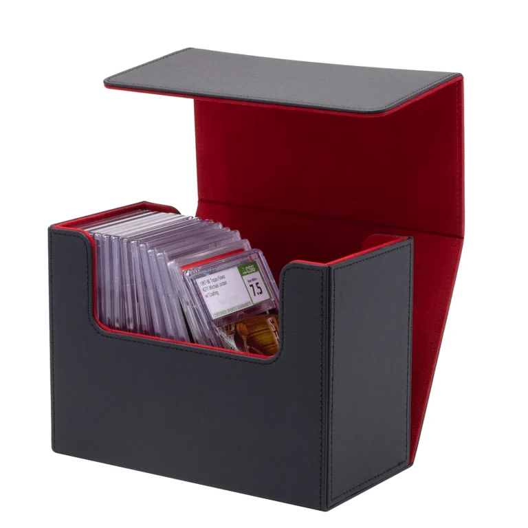 Textured PU leather magnetic graded card storage box, customizable cover colors and embossed logos, front visible opening design, interior specially sized for PSA, BGS, SGC graded card slabs, soft velvet lining prevents scratch, magnetic flip lid, storage case for graded sports trading cards, factory OEM custom colors & logos bulk wholesale for hobby retailers and collectible distributors