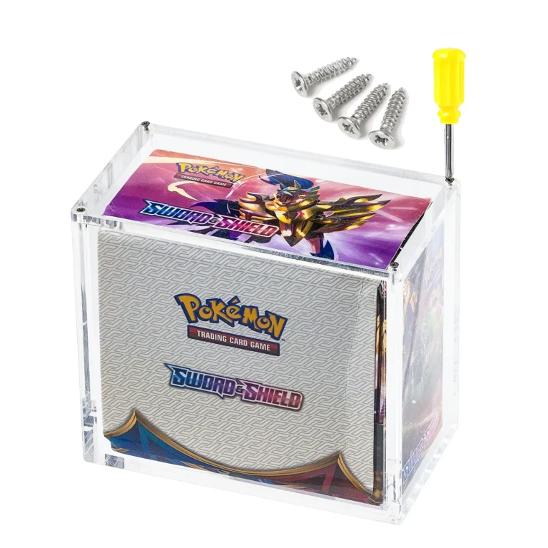 Clear screw assembly acrylic Pokemon booster box display case, with screws and screwdriver, factory wholesale TCG collector protector