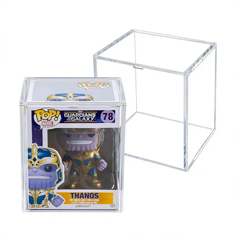 Comparison picture of fully loaded magnetic Funko Pop protector next to empty case for dimension reference for bulk buyers