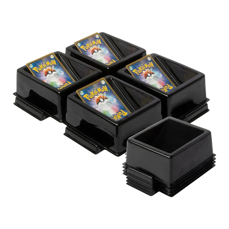 Close‑up of stackable glossy black TCG card tray, stacking groove detail for compact bulk storage, OEM available