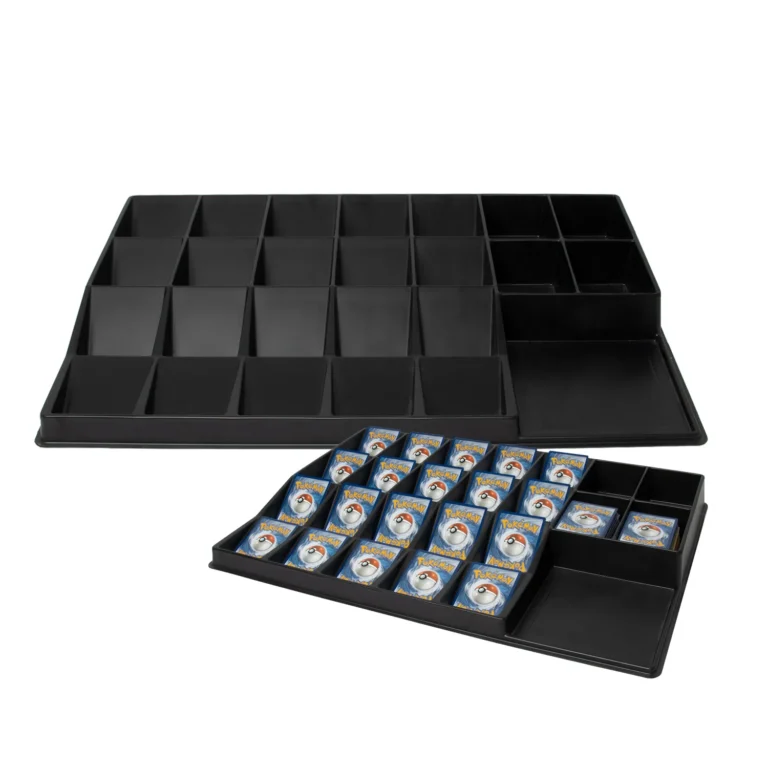 Macro close‑up of angled slots on TCG sorting tray, raised partition dividers, sturdy plastic construction detail