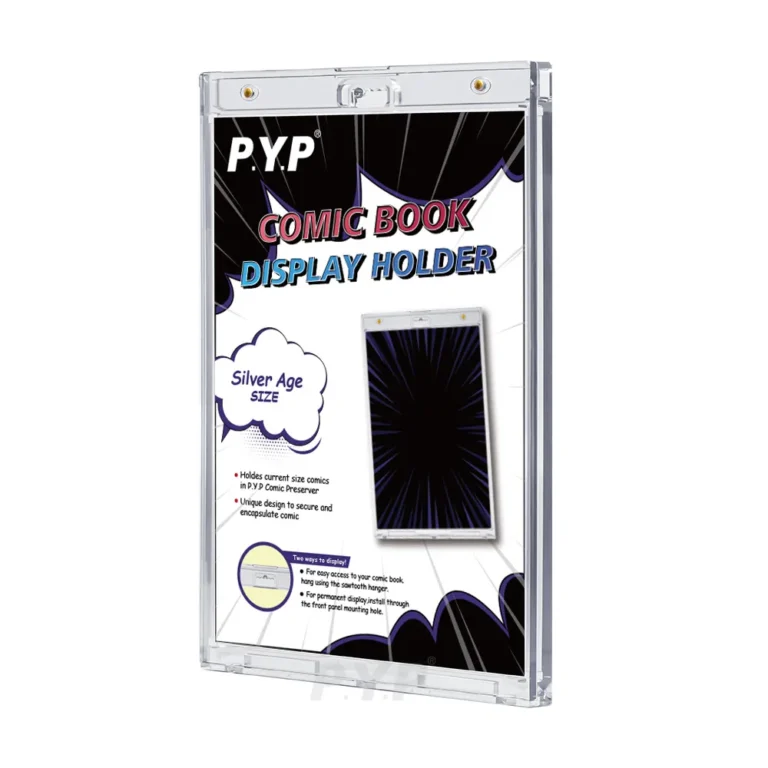 Transparent magnetic comic holder containing Spider‑Man current‑size comic book, white background