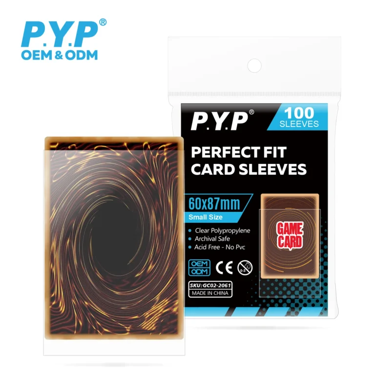 Clear small size perfect fit card sleeves, dimension 60×87mm, snug inner fit specially designed for Yu-Gi-Oh! trading cards. Acid-free & PVC-free polypropylene material, prevents scratches and dust damage. Works as inner sleeves together with outer deck sleeves for double protection. Factory provides custom retail packaging, OEM bulk wholesale for hobby card shops and international YuGiOh distributors.
