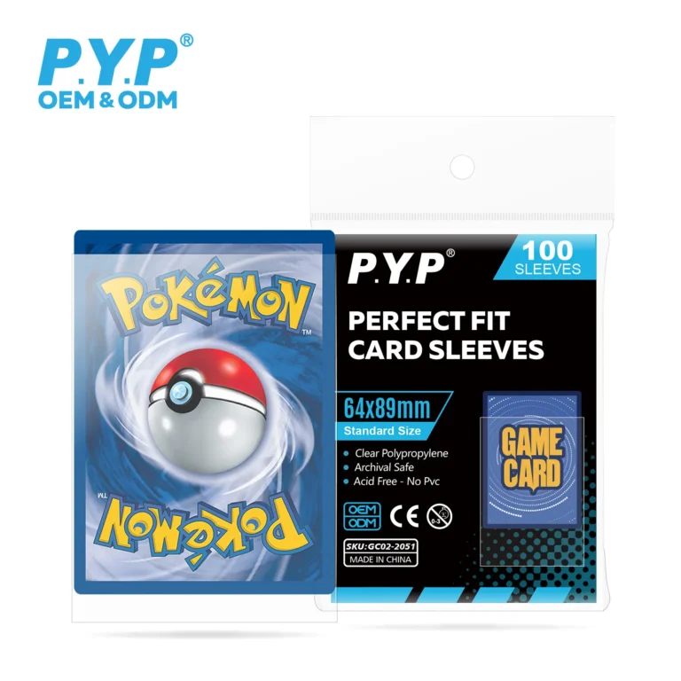 Clear standard size perfect fit card sleeves, dimension 64×89mm, ultra snug inner sleeves for Pokemon, MTG, One Piece and other standard TCG trading cards. Made of acid-free & PVC-free polypropylene to prevent scratches and fading. Designed for double sleeving, works perfectly with standard outer deck sleeves. Factory supplies custom retail packaging, OEM bulk wholesale for hobby card shops and international TCG distributors.