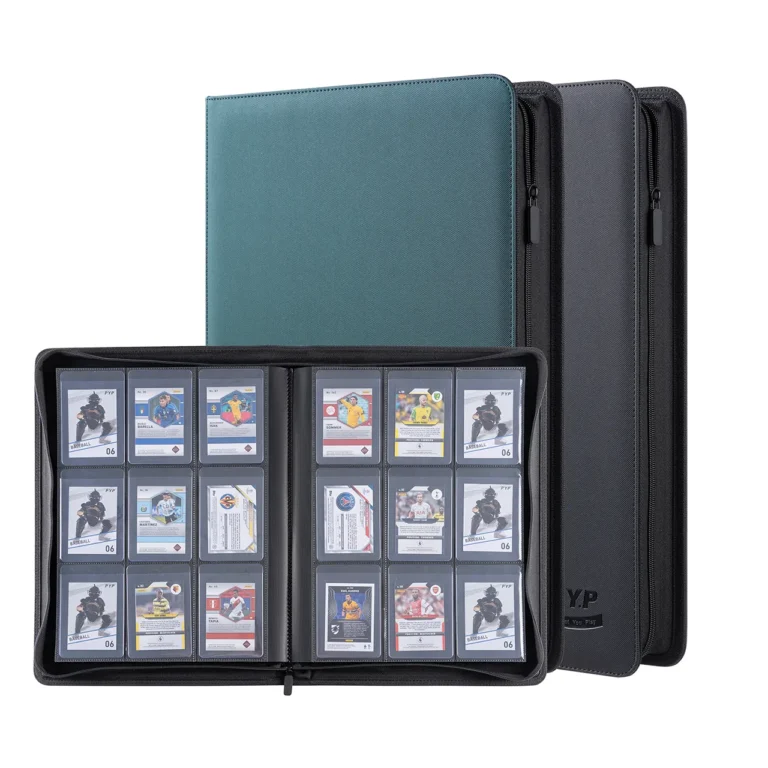 Waterproof wear-resistant PU leather 9 pocket zipper trading card binder, customizable multiple solid cover colors, extra spacious double-sided pockets engineered to fit standard semi rigid card holders, full surrounding zipper closure, storage album for sports, Pokemon, MTG collectible cards inside semi rigid protectors, factory OEM custom colors & printed logos bulk wholesale for hobby retailers and international trading card distributors