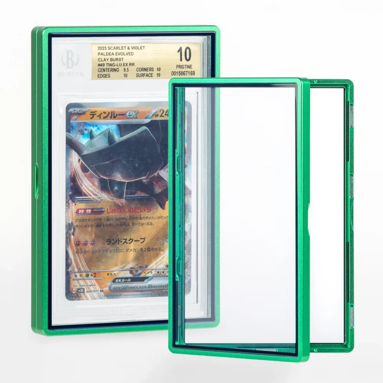metal magnetic BGS graded slab display case, double-sided clear acrylic magnetic closure frame exclusively for Beckett grading slabs, scratch-resistant rigid metal protective holder for Pokemon sports trading cards, factory OEM ODM laser logo bulk wholesale for card retailers