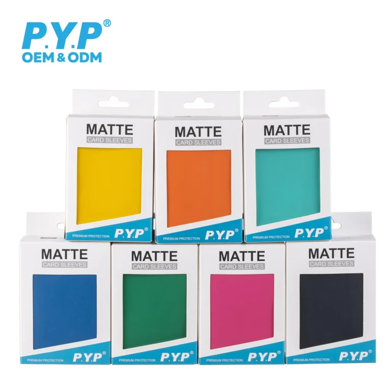 Premium acid-free matte solid color trading card sleeves, standard size, non-glare non-reflective matte finish, multiple vibrant solid color options, protects MTG, Pokemon, YuGiOh TCG game cards from scratches and wear, factory supports custom logo packaging, OEM bulk wholesale for hobby retailers, tournament organizers and international trading card distributors