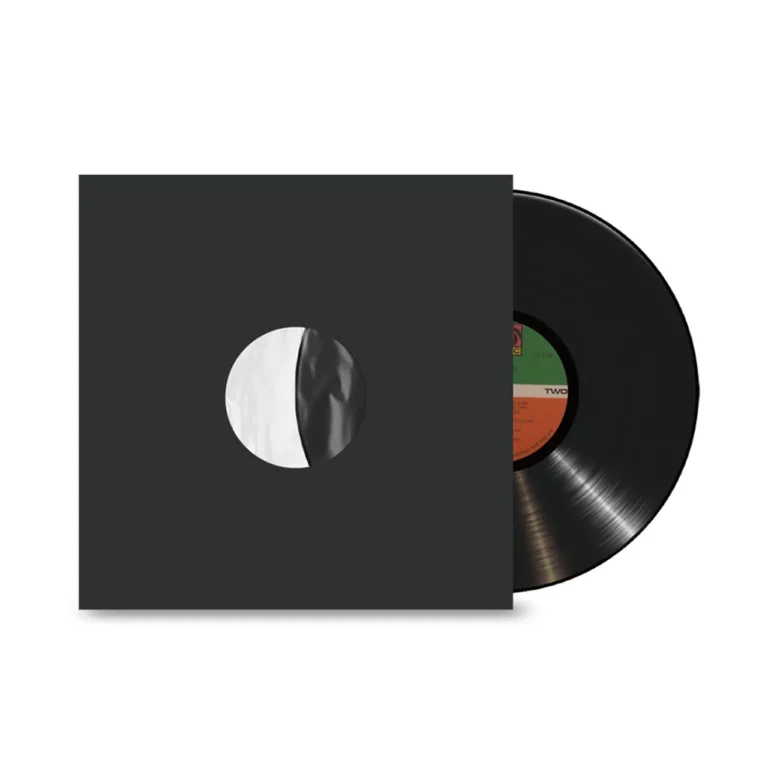 Black kraft paper inner sleeve with round viewing window, 12 inch vinyl LP partially pulled out, wholesale record storage