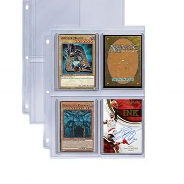 Clear acid-free 4-pocket toploader pages, heavy duty UV protection 4 slot binder sheets for standard top loader card holders, sports and TCG collectible card storage