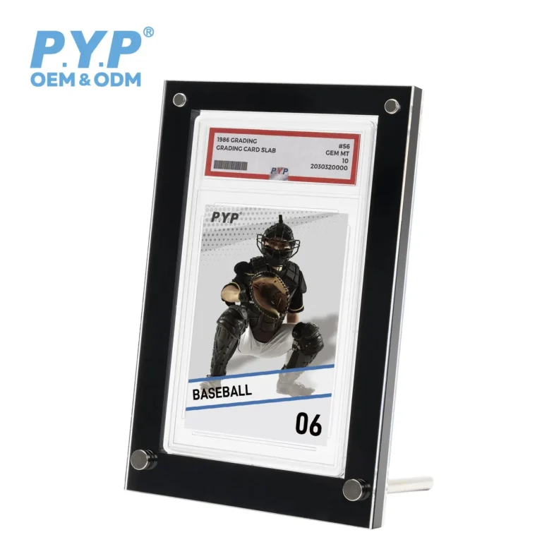 Black border magnetic acrylic graded slab display case, glossy black edge frame, 4-corner screw magnetic sealed acrylic stand for standard PSA graded card slabs, factory OEM ODM bulk wholesale for sports TCG collectible display
