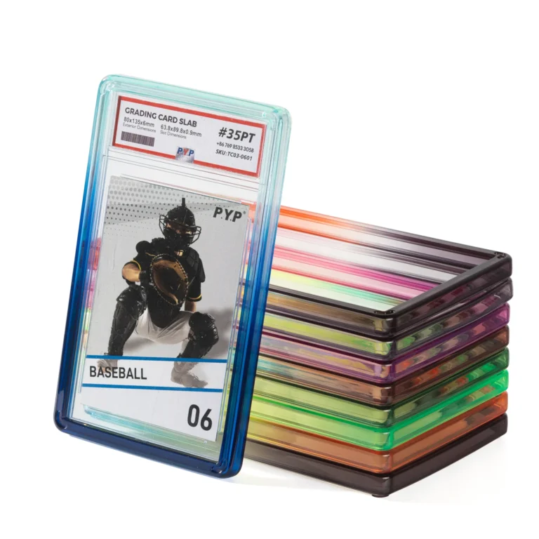 Gradient graded slab bumpers, colorful soft rubber shockproof corner protectors, slim reusable anti-scratch edge guards for standard PSA graded trading card slabs storage and display