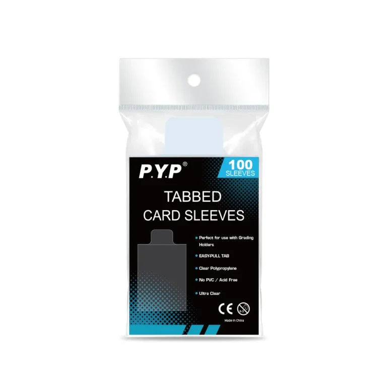 Ultra clear acid free tabbed card sleeves with easy pull tab for PSA & BGS grading submission, PVC-free archival polypropylene trading card protectors, 100 sleeves per hanging retail pack, factory OEM custom printed packaging bulk wholesale for grading shops and card distributors