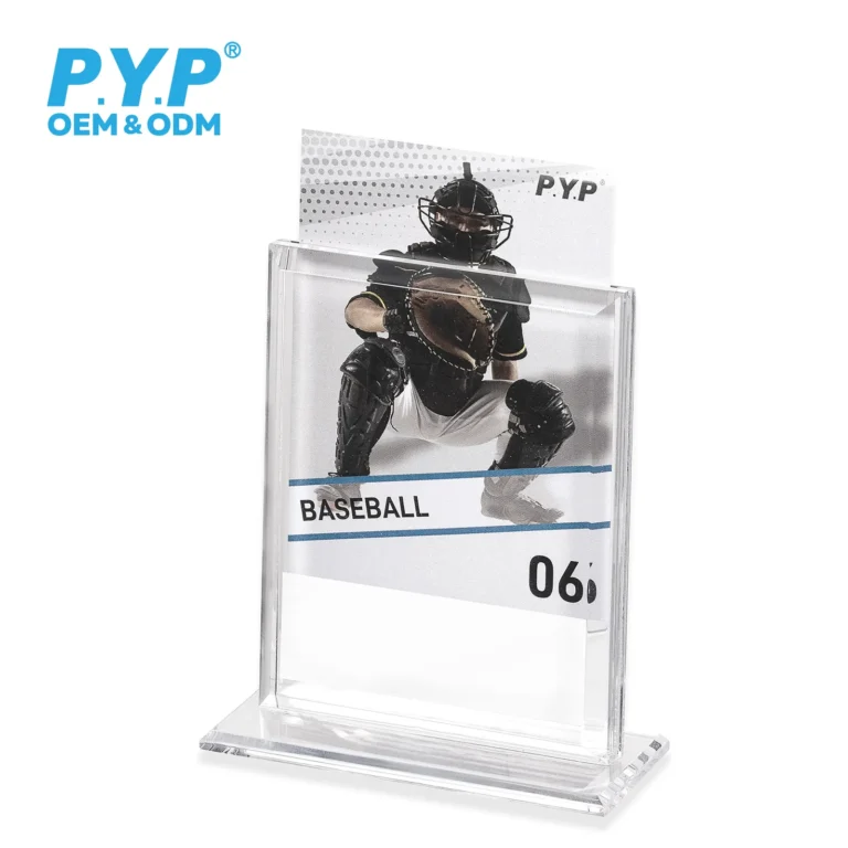 Thick polished ultra clear vertical acrylic trading card display stand, stable flat base tabletop single card holder, fits baseball sports, Pokemon TCG cards, plastic toploaders and thin graded slabs, scratch-free polished edges for retail shelf exhibition, factory OEM laser engraved custom logo bulk wholesale for sports card retailers and collectible distributors