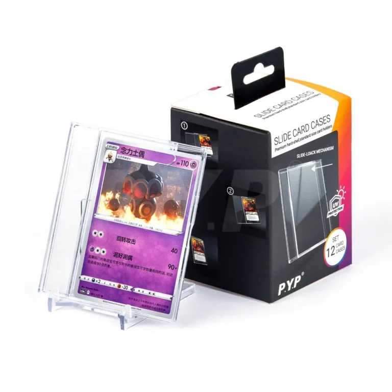 UV protection clear slide load hard plastic slide card cases with integrated foldable display stand, anti-fade UV blocking standard size trading card holders for Pokemon, baseball sports TCG cards, smooth slide-in loading design, 12 pieces per hanging retail pack, factory OEM custom printed packaging bulk wholesale for hobby card shops and collectible trading card distributors