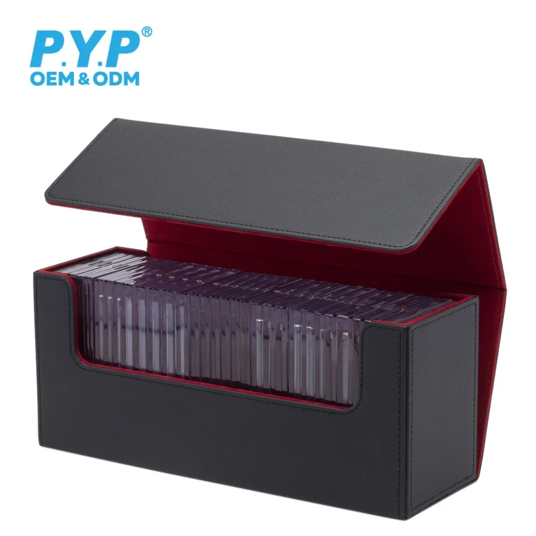 Textured PU leather long magnetic deck box, customizable cover colors and embossed logos, large capacity storage case designed for magnetic card holders, soft interior lining protects card bricks, portable travel storage box for sports, Pokemon, MTG trading cards inside magnetic holders, factory OEM custom colors & logos bulk wholesale for hobby retailers and trading card distributors