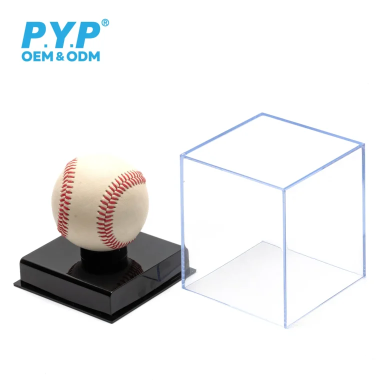 Wholesale clear plastic baseball display cube with black pedestal base for autographed regulation baseball collectibles