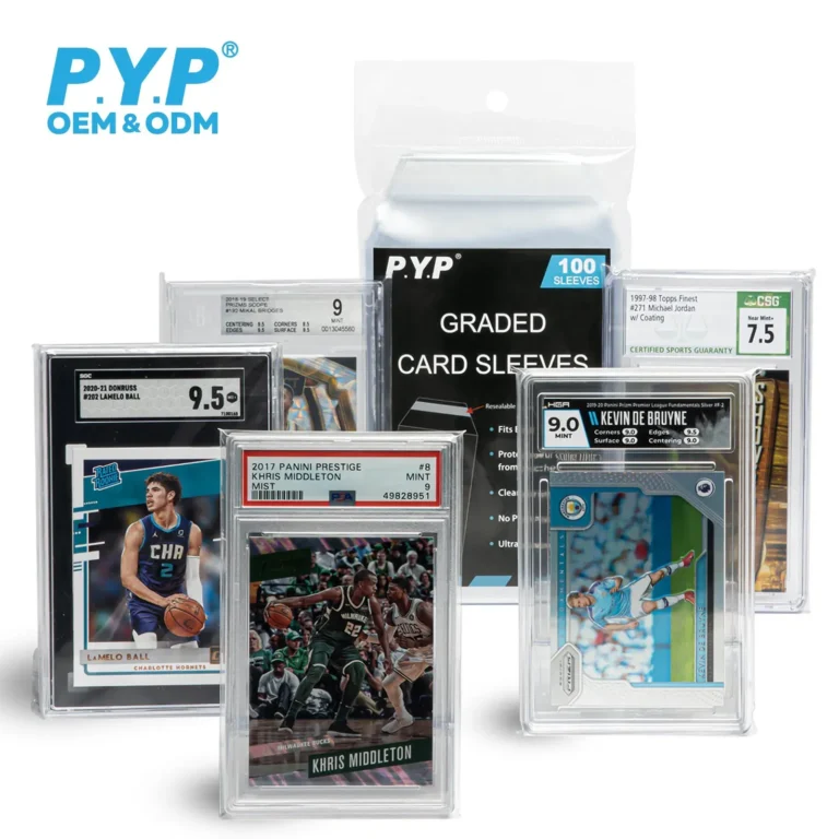 Clear archival acid-free graded card sleeves, thick PVC-free polypropylene protector sleeves for PSA and BGS grading slabs, UV block anti-scratch dust storage sleeves for sports TCG collectible graded slabs, factory OEM ODM custom printed packaging bulk wholesale for trading card distributors