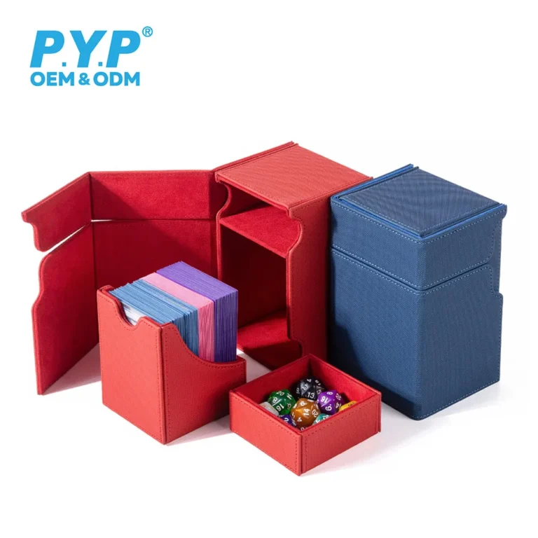 3 in 1 modular detachable PU magnetic trading card deck box, separable card holder and independent removable dice tray, crosshatch PU exterior, soft velvet lining. Modular design for Pokemon, MTG, YuGiOh sleeved cards and game dice. Multiple colors available, factory offers custom embossed logo, OEM bulk wholesale for card retailers and global distributors.