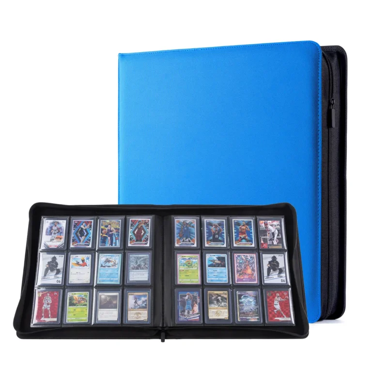 Waterproof wear-resistant PU leather 12 pocket zipper Toploader binder, customizable multiple solid cover colors, extra wide double-sided pockets to fit fully loaded standard 3x4 rigid trading card toploaders, full surrounding anti-slip zipper closure, storage album for sports, Pokemon, MTG memorabilia collectible cards, factory OEM custom colors & printed logos bulk wholesale for hobby retailers and international trading card distributors