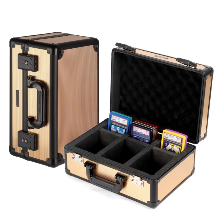 Gold 3 compartment lockable aluminum graded slab storage case, triple divided slots security lock hard carry box, shockproof foam interior fits PSA grading slabs, factory OEM ODM bulk wholesale for trading card dealers and retail shops