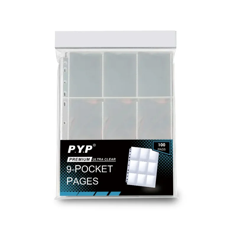 Clear acid-free 9 pocket card pages, UV protection 9 slot trading card binder sheets, tear-resistant archival protectors for TCG, sports, autograph collectible card storage