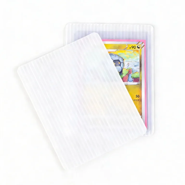 Transparent corrugated plastic trading card shipping protector, rigid anti-bend structure to shield collectible cards during mailing, compatible with sleeved cards, toploaders and semi-rigid holders, lightweight clear plastic card shipping shield for sports cards, Pokemon, MTG TCG, factory custom sizes bulk wholesale for card sellers and trading card distributors