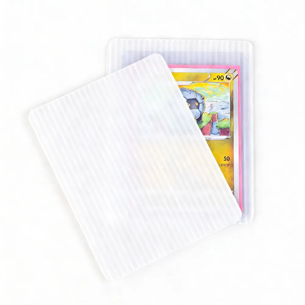 Transparent corrugated plastic trading card shipping protector, rigid anti-bend structure to shield collectible cards during mailing, compatible with sleeved cards, toploaders and semi-rigid holders, lightweight clear plastic card shipping shield for sports cards, Pokemon, MTG TCG, factory custom sizes bulk wholesale for card sellers and trading card distributors