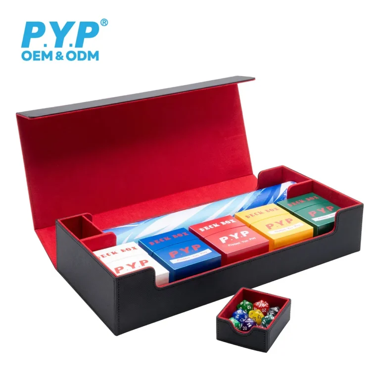 Factory oem odm pu multi‑deck storage box, customizable color logo trading card organizer with detachable dice tray for resellers