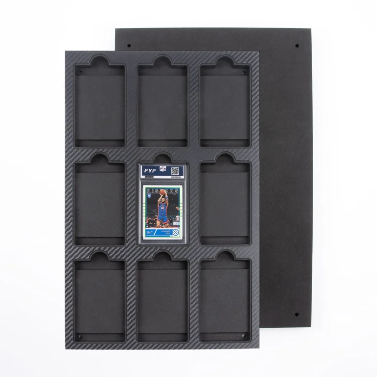 Carbon fiber textured 9 slot wall mount graded slab display frame, 9 independent precision cut slots hold standard PSA grading slabs, wall hanging design for TCG, basketball, soccer trading card collection, factory OEM ODM laser logo bulk wholesale for card retailers