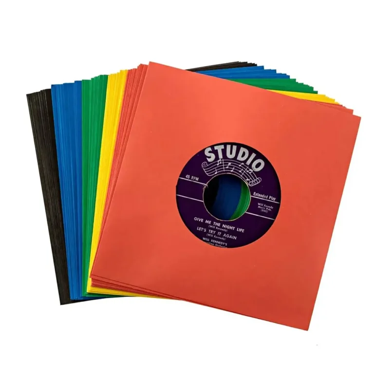 Fanned assorted colored round‑corner LP inner sleeves, vinyl record label showing through circular window, factory wholesale stock
