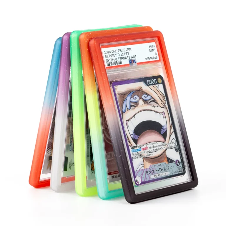 Gradient graded slab bumpers, colorful soft rubber shockproof corner protectors, slim reusable anti-scratch edge guards for standard PSA graded trading card slabs storage and display