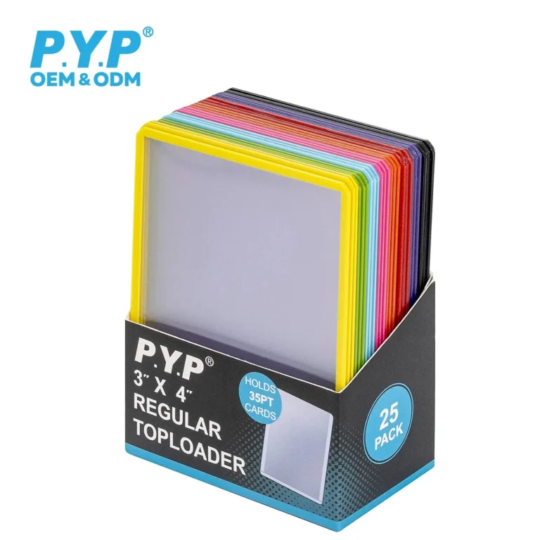 Ultra clear acid-free PVC-free colored border rigid trading card toploaders, multi vibrant color coded edge card holders for sorting basketball, baseball, Pokemon and all mainstream TCG collectible cards, complete multi-color border options, 25 pieces per hanging retail pack, factory OEM custom printed packaging bulk wholesale for hobby card retailers and worldwide trading card distributors